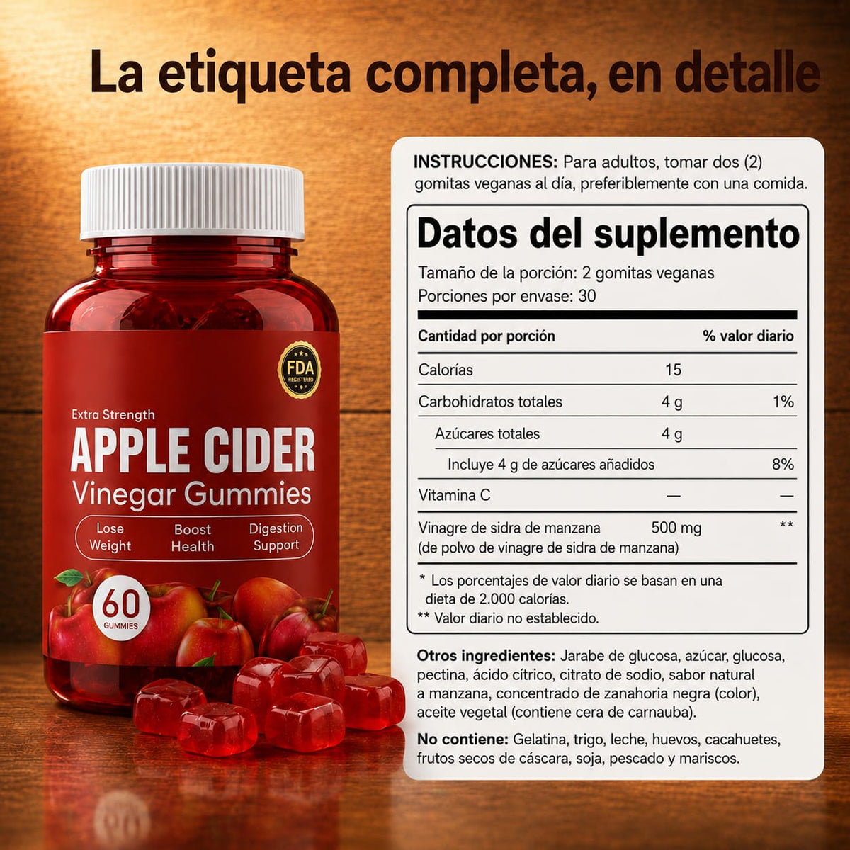 Gomitas de vinagre de manzana, 60 unidades