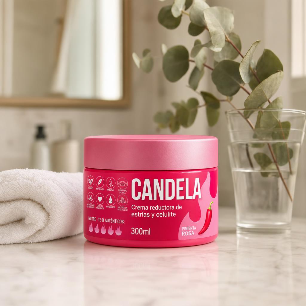 Bote de crema CANDELA sobre la encimera de un bano