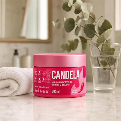 Bote de crema CANDELA sobre la encimera de un bano
