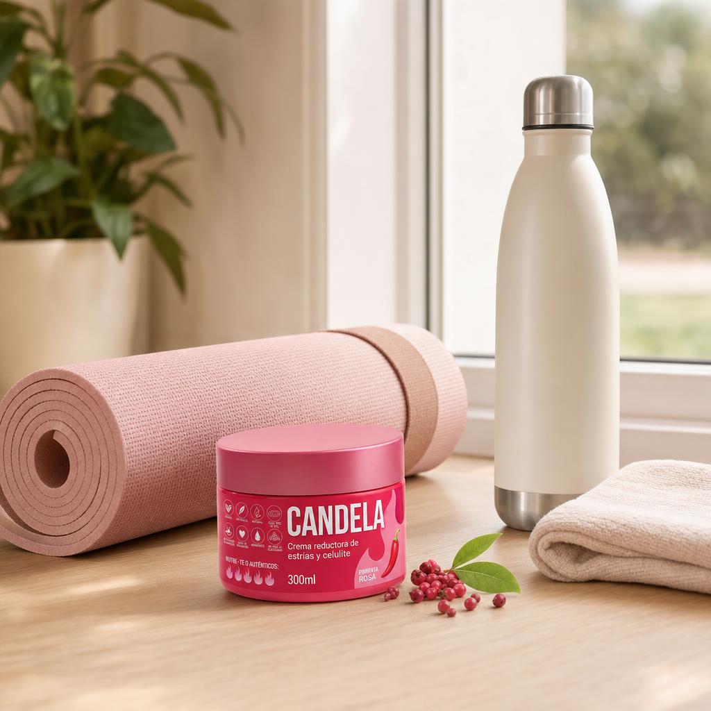 Crema CANDELA junto a una esterilla de yoga y una botella de agua