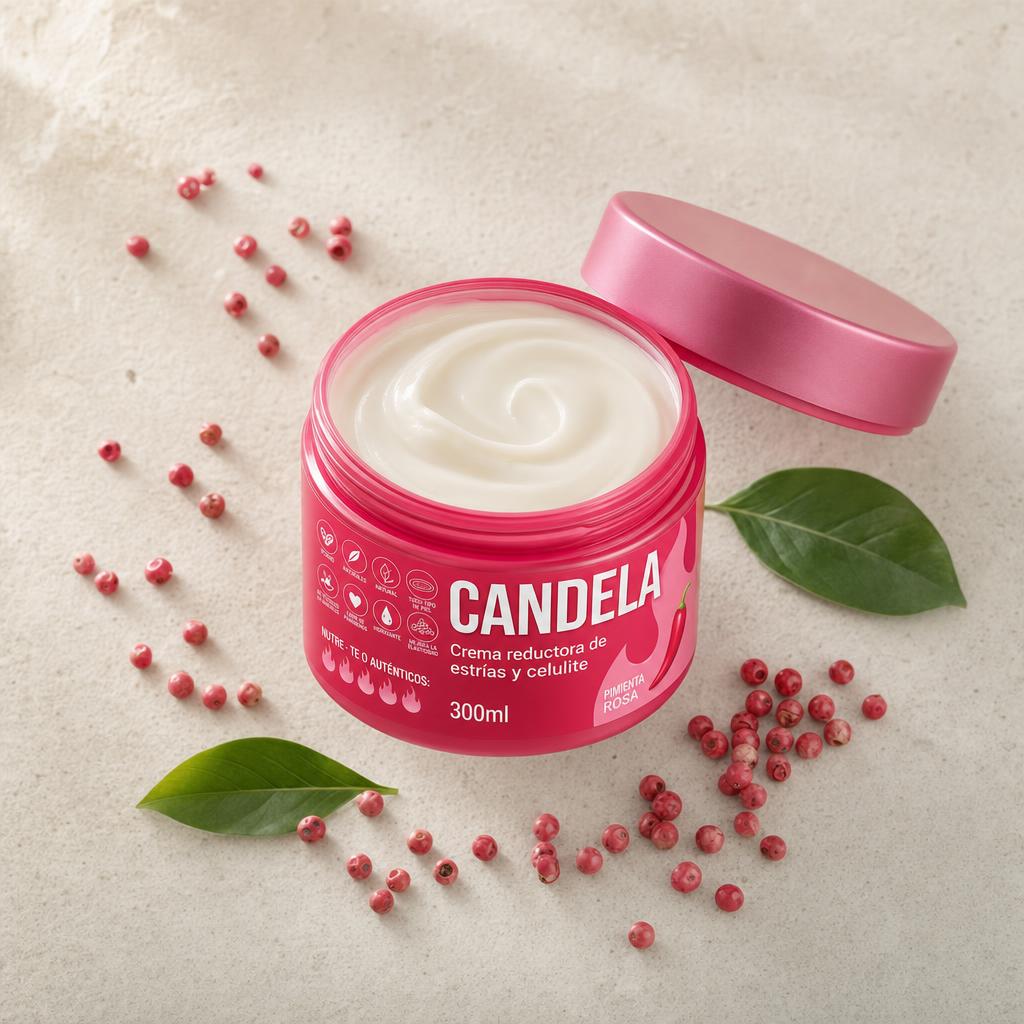 Crema CANDELA abierta rodeada de granos de pimienta rosa