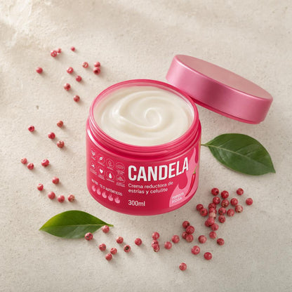Crema CANDELA abierta rodeada de granos de pimienta rosa