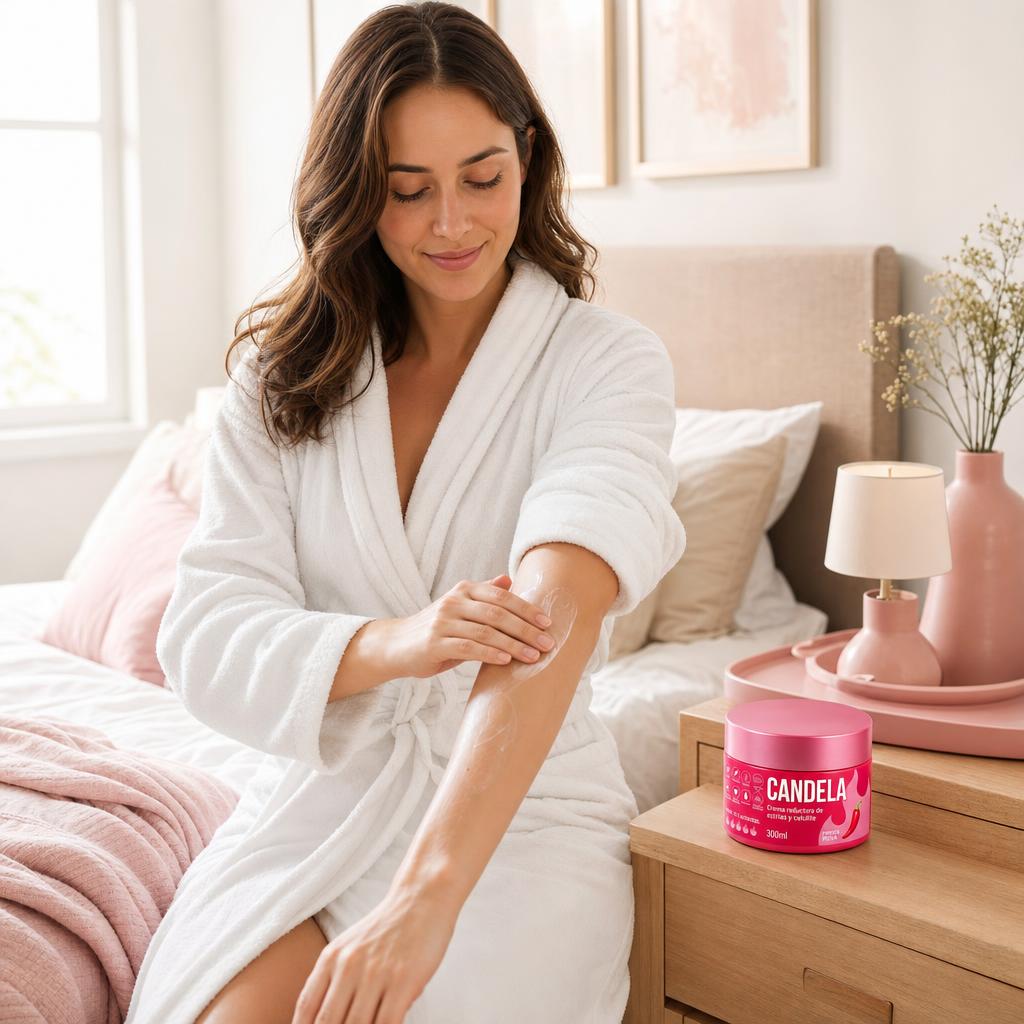 Mujer aplicandose la crema corporal CANDELA en el brazo