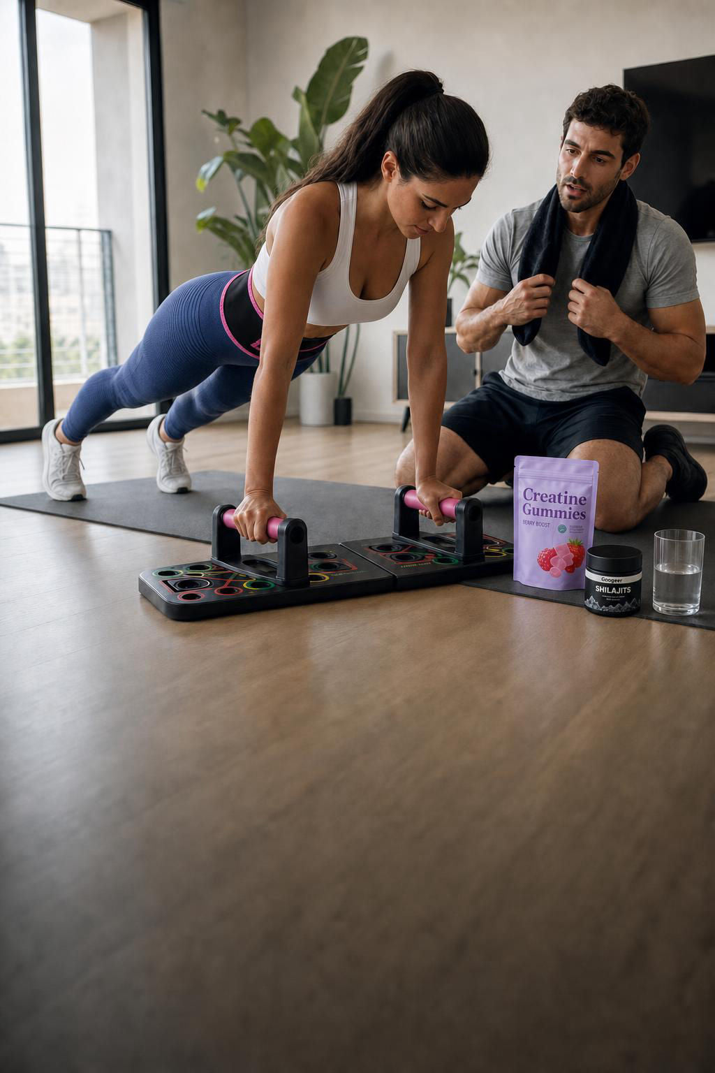 Mujer haciendo flexiones en la tabla de ejercicios multifuncion y hombre descansando, con los suplementos y un vaso de agua en el suelo