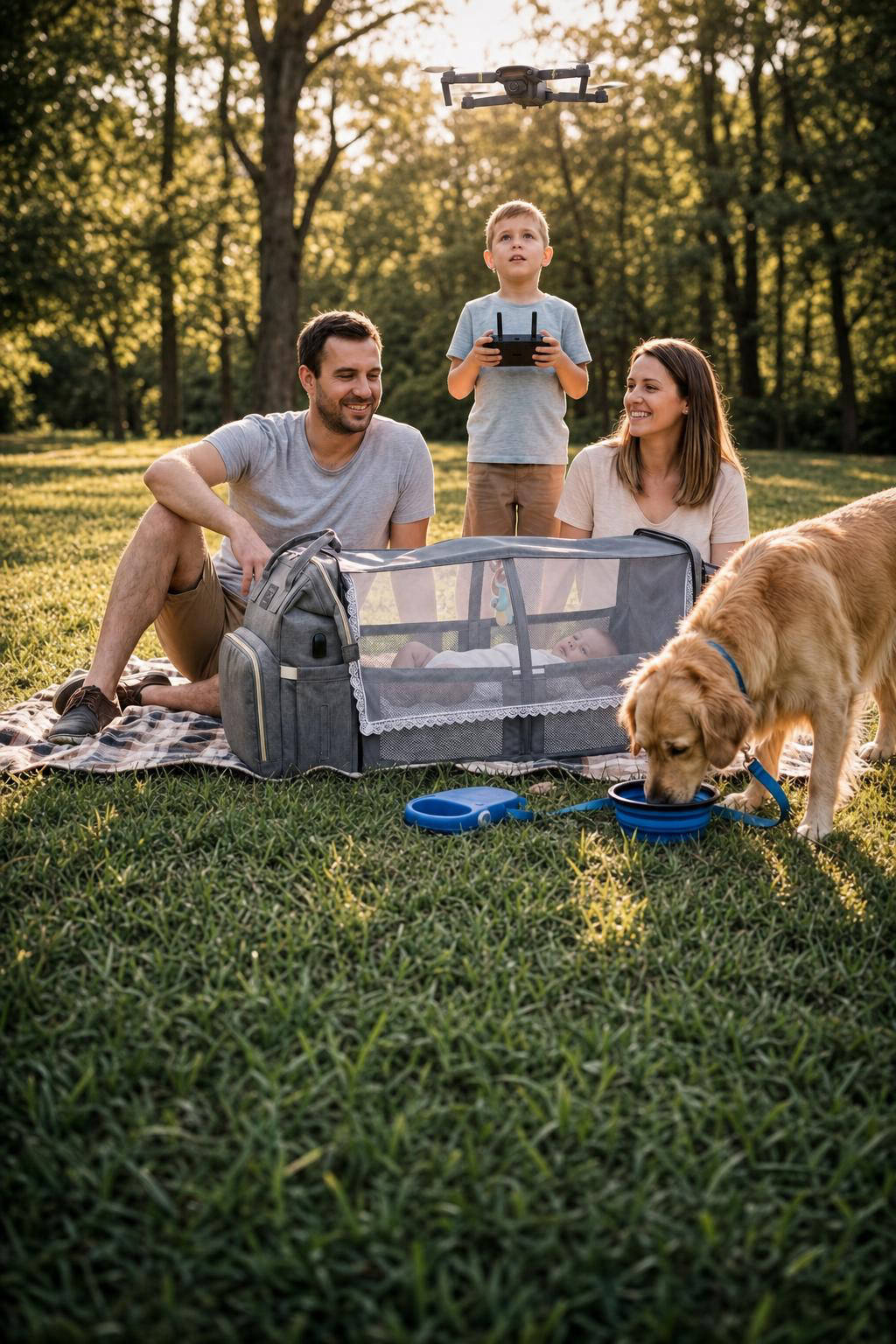 Familia en un parque con la mochila pañalera convertida en cuna, el perro bebiendo del cuenco plegable y un niño manejando un dron