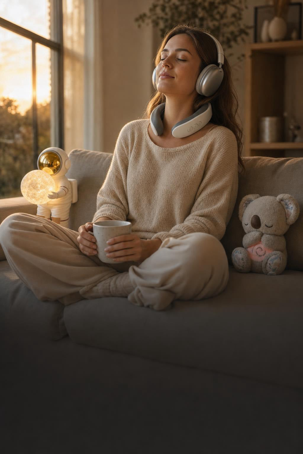 Mujer descansando en el sofá con auriculares y masajeador cervical, junto a una lámpara de astronauta y un peluche koala