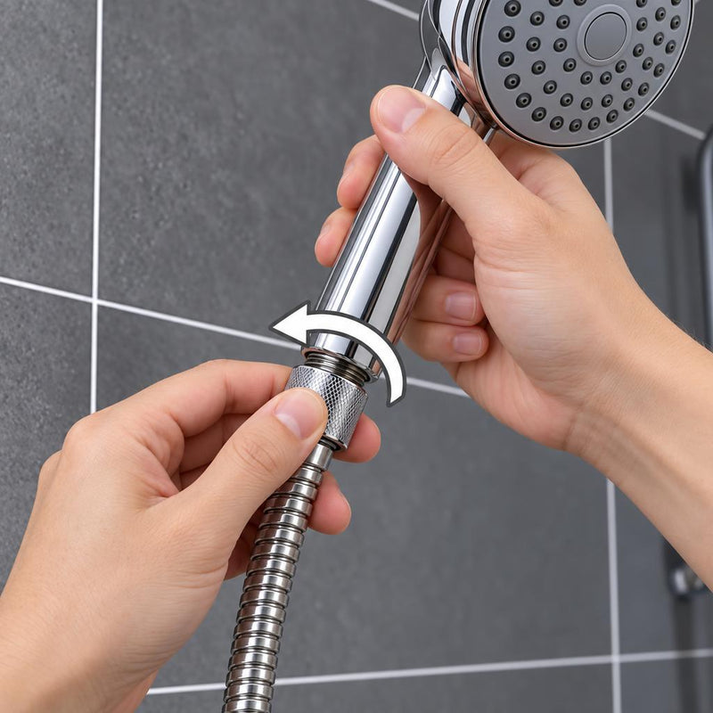 Manos desenroscando la alcachofa vieja del tubo de la ducha