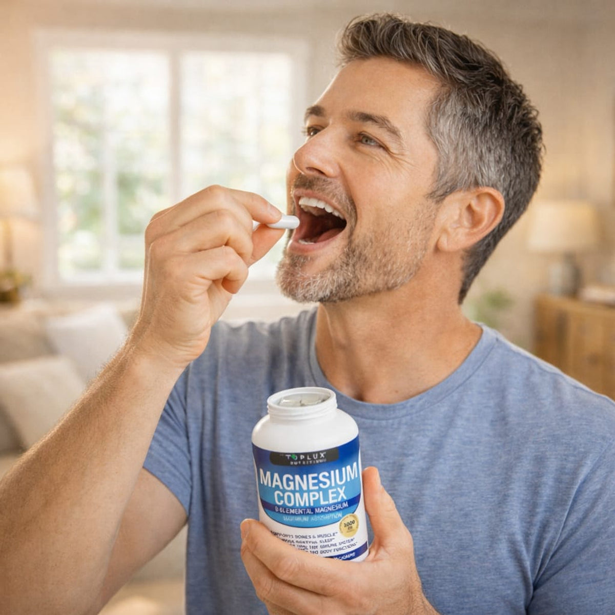 Hombre tomando una capsula de magnesio
